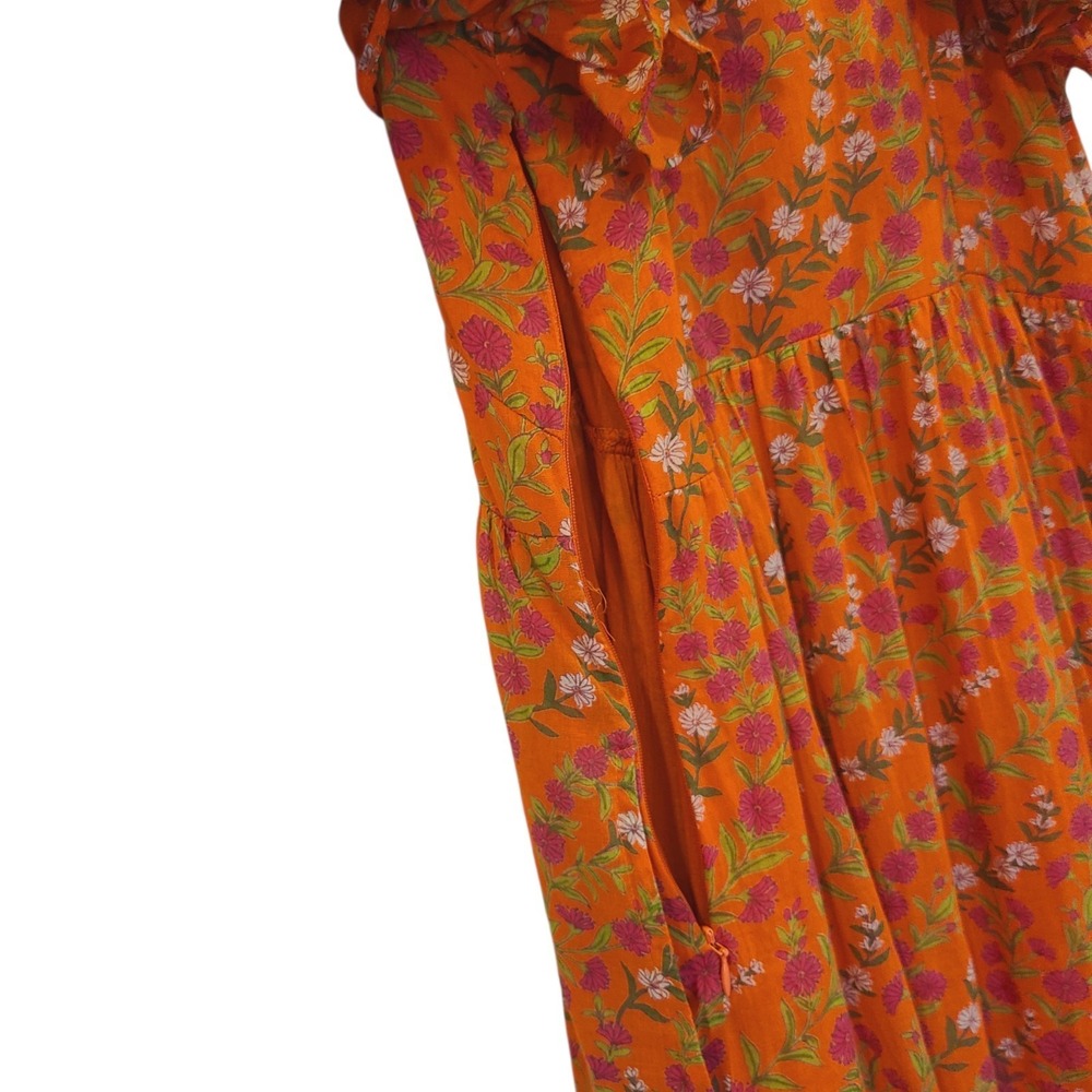 Banjanan Orange Medium Floral Boho Ruffle Tiered‎ Pockets Sleeveless Maxi Dress - Picture 6 of 7